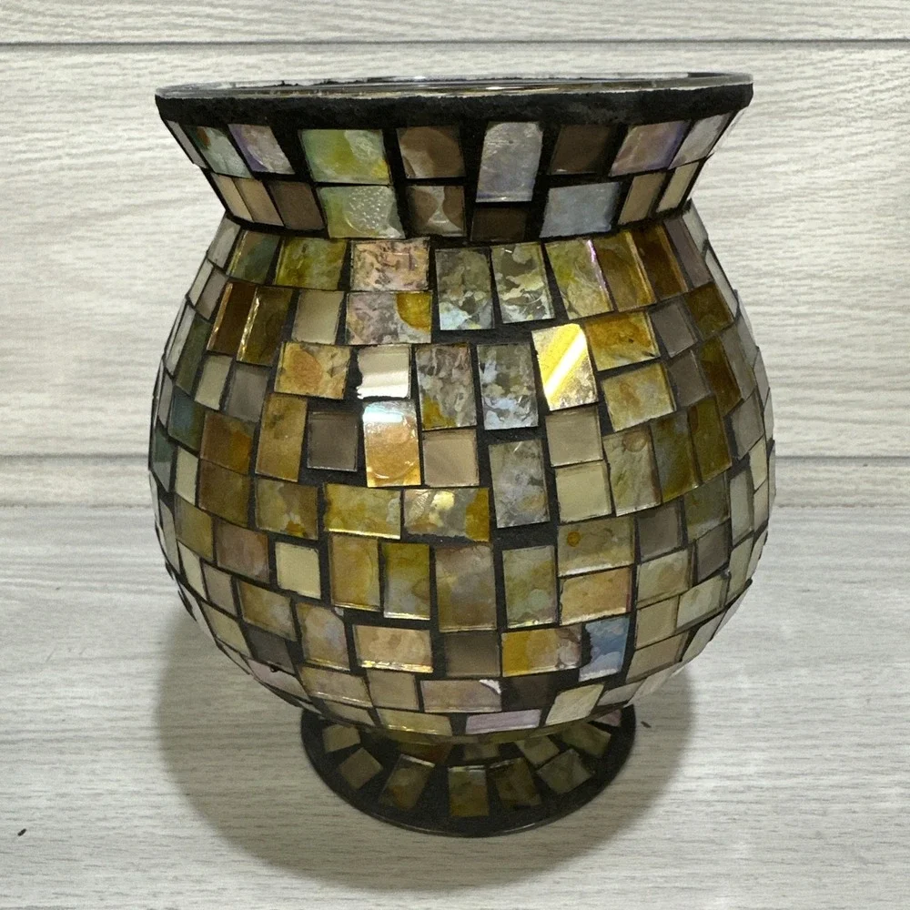 Mosaic‎ Glass Candle Holder or Vase Gold Multicolor 6x6x7